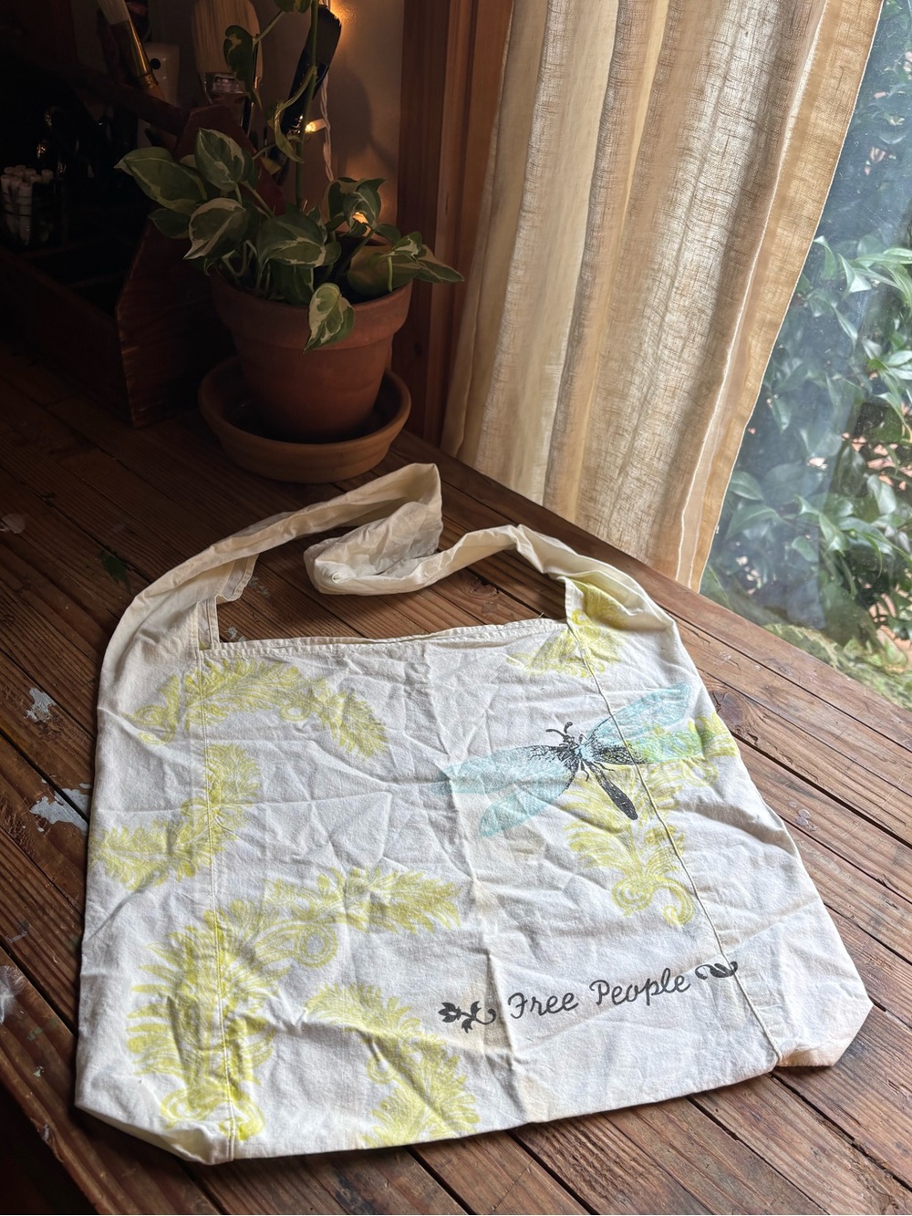 RARE Free People Cream Cotton Tote with Dragonfly Print
